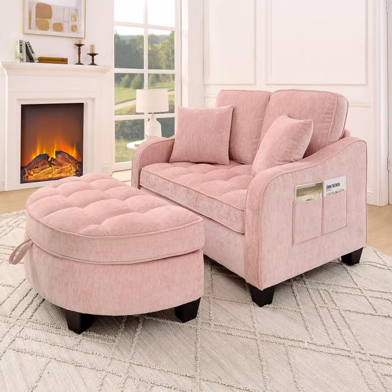 okwish divano letto 2 in 1, divano modulare con gambe in plastica antiscivolo, divano relax con chaise longue e sgabello portaoggetti, rosa