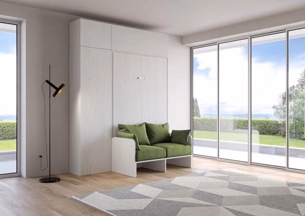 Letto a scomparsa una piazza e mezzo Kentaro Giordanoshop con divano e mobili, Bianco Frassino e Verde – 2