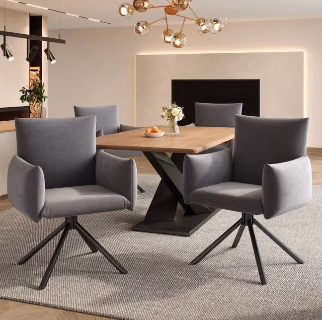Set da 4 Sedie da Pranzo Girevoli in Velluto Grigio con Struttura in Metallo