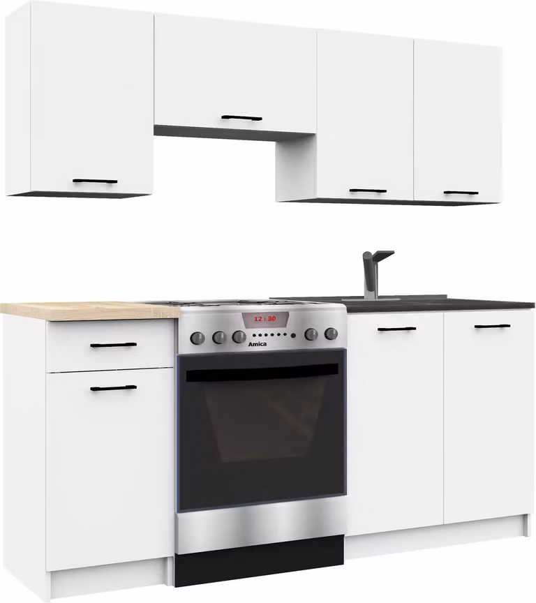 Set da cucina: un cassetto, sette ante, otto ripiani, colore: bianco