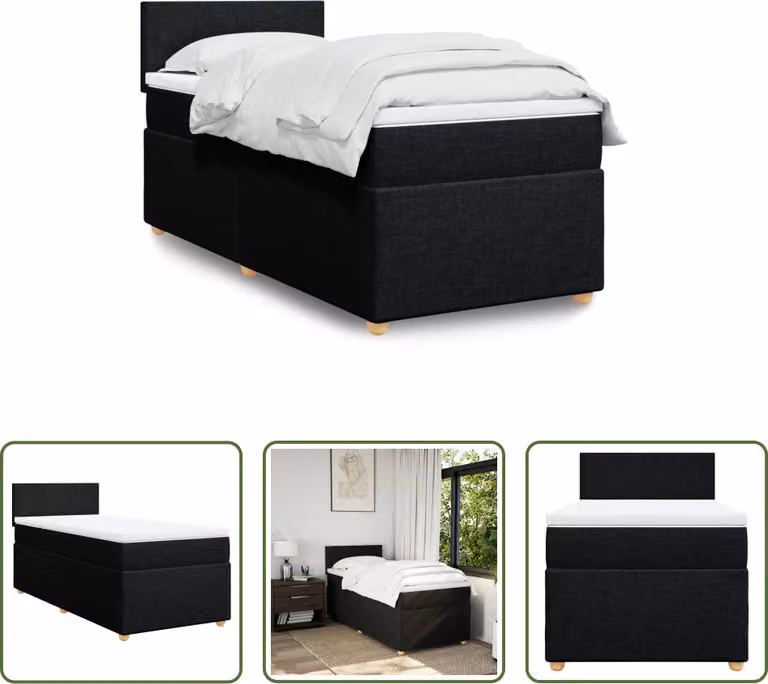 The Living Store Letto a molle con materasso nero 90x190 cm in tessuto