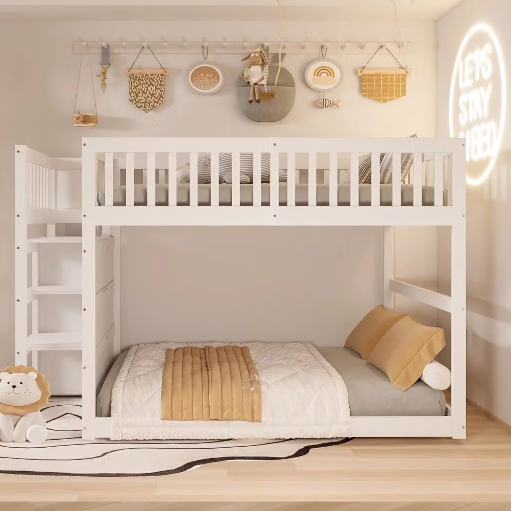 Letto a castello basso in legno bianco con 4 cassetti e scala contenitore, L/P: 140 x 200 cm – 2
