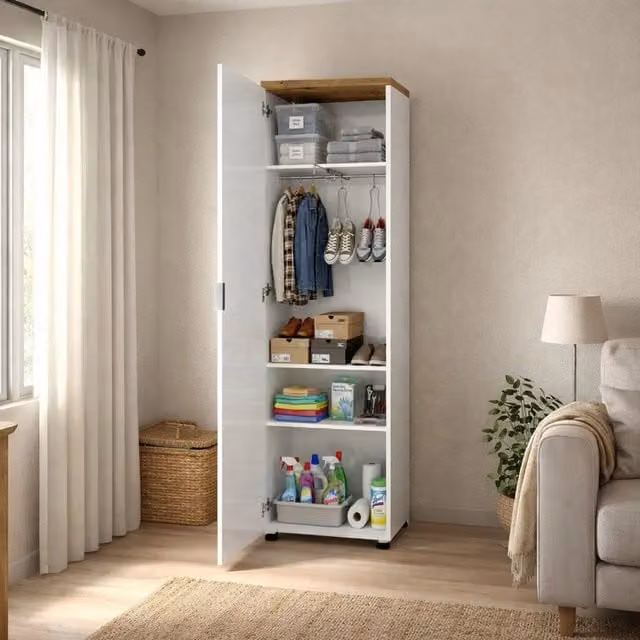 Armadio Multiuso Tani con 1 Anta e Appendiabiti, Bianco Lucido, H 190 cm x L 40 cm – 1