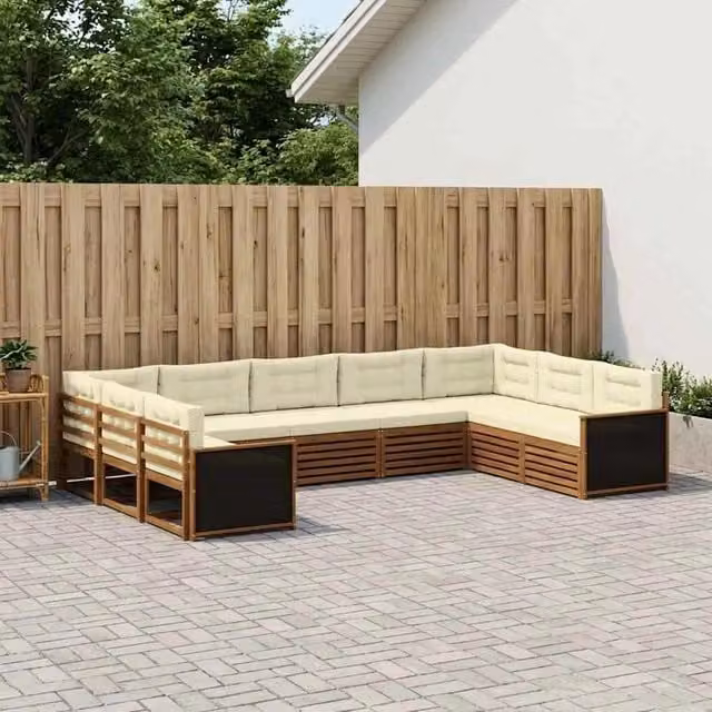 Set di divani da esterno vidaXL a forma di L in legno di acacia con cuscini, beige e bianco – 1