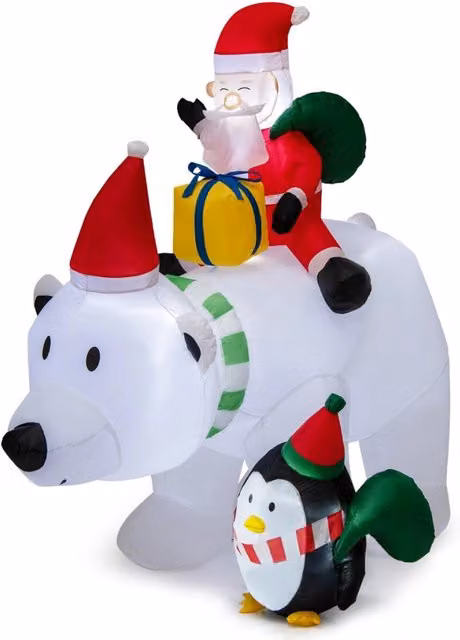 Decorazione natalizia gonfiabile Design Mania con Babbo Natale su orso polare, pinguino e sacchetti regalo, multicolore, con illuminazione LED, Altezza: 210 cm – 1