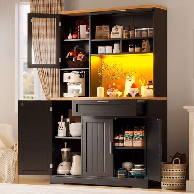 Mobile dispensa moderna con ante in vetro e cassetto in MDF nero, illuminazione LED USB regolabile tramite app, L: 104 cm, P: 40 cm, H: 180 cm – 1