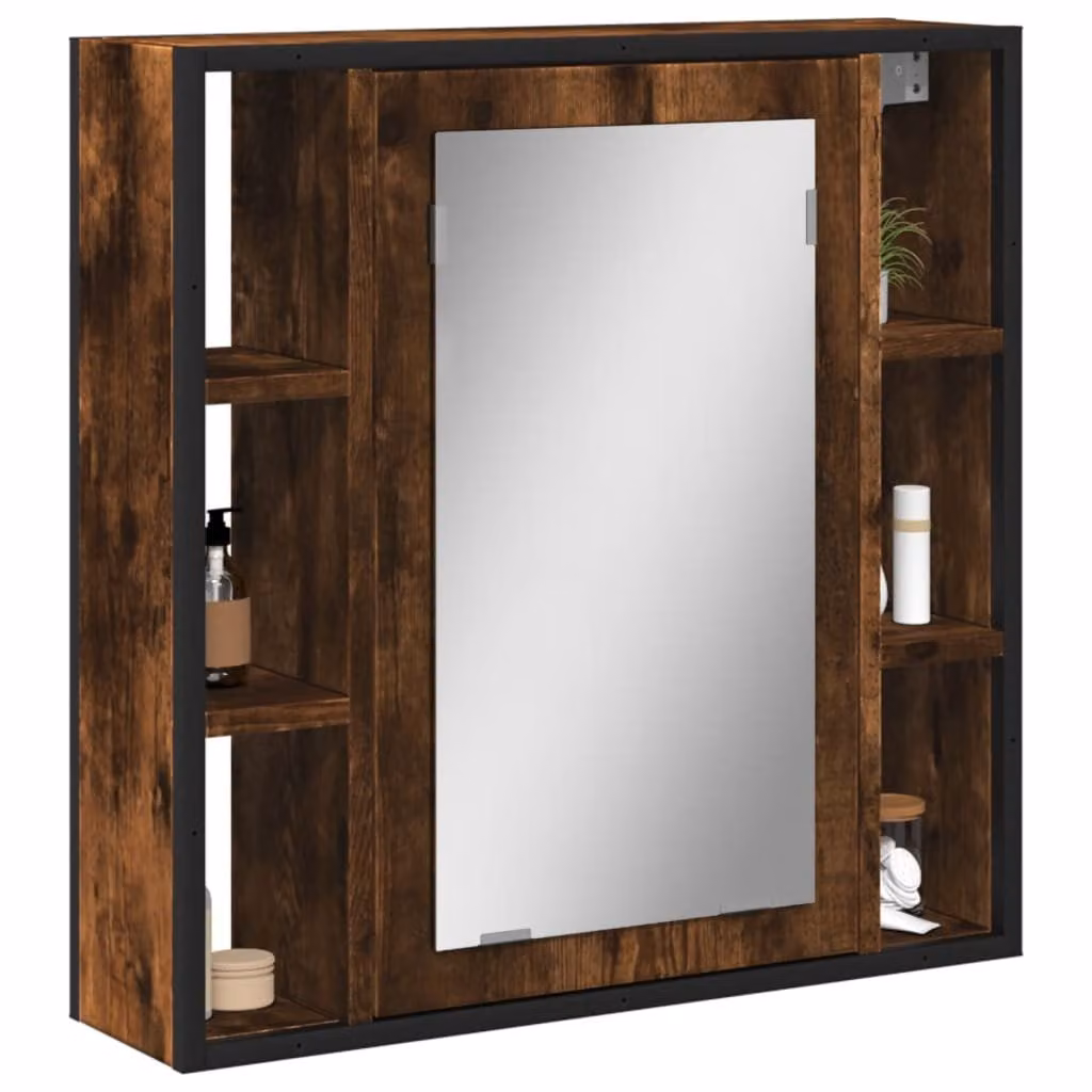 Mobiletto da bagno con specchio vidaXL in rovere fumo e legno multistrato, L 60 cm x P 16 cm x H 60 cm