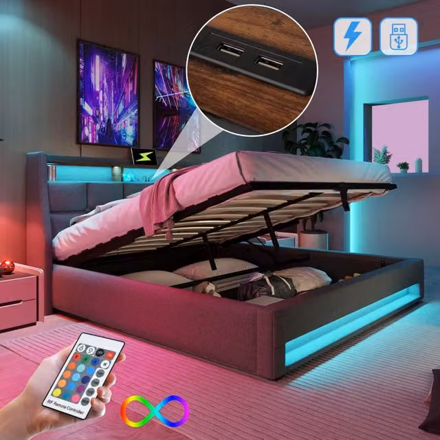 Letto imbottito 140x200cm USB rete doghe metallo struttura lino