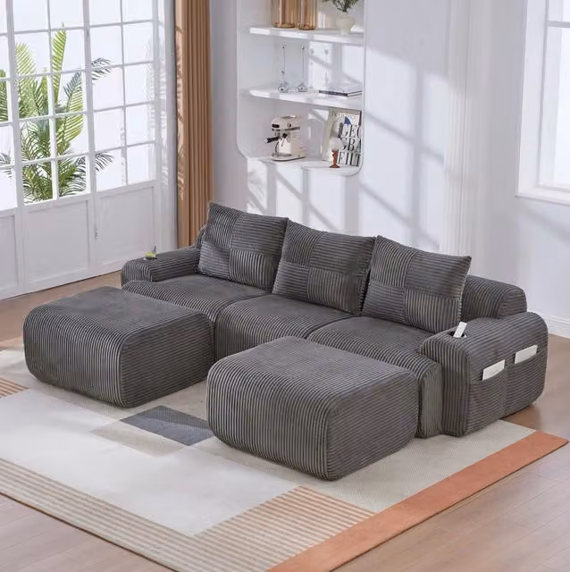 Divano modulare in corduroy con cupholder e tasca laterale; grigio scuro 268x174x66 cm