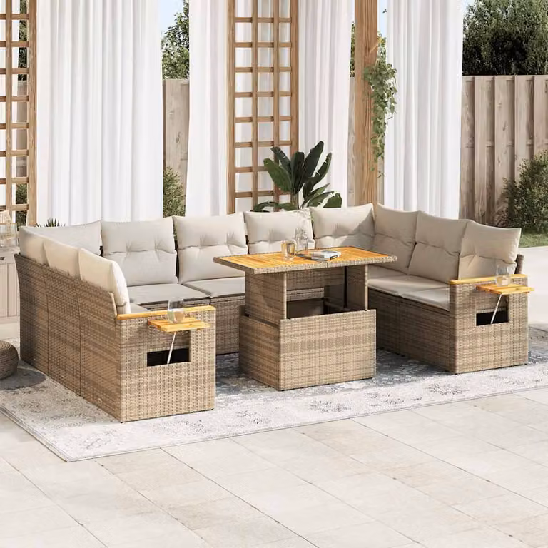 Set da giardino vidaXL composto da 10 pezzi con cuscini beige in polyrattan e legno di acacia con tavolino da esterno e struttura a forma di U