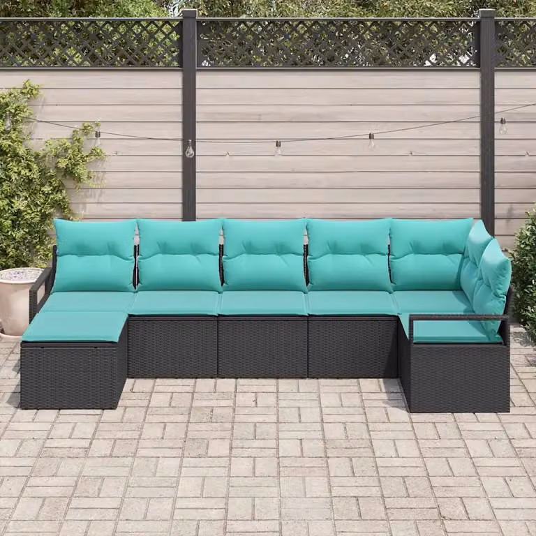 Set di divani da giardino vidaXL a forma di U composto da 7 pezzi con sedute imbottite e cuscini in colore nero e turchese con struttura in metallo e rattan resistente ai raggi UV