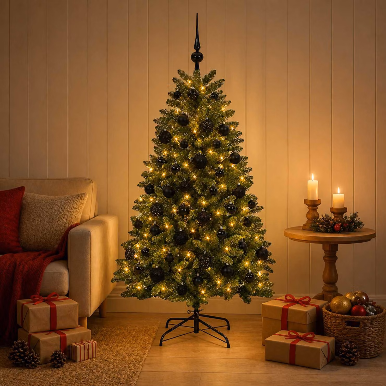 Albero di Natale artificiale, colore verde medio, con decorazioni a palline, altezza 180 cm