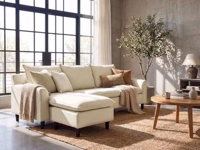 Divano Angolare a 3 Posti BELIANI con Chaise Longue Destra in Tessuto Beige e Gambe in Legno di Gomma
