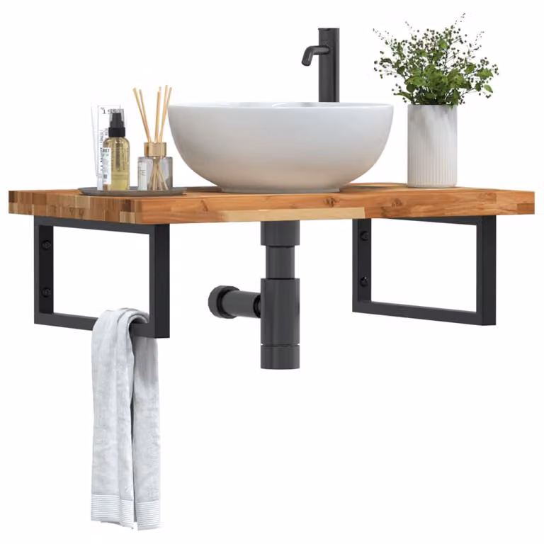 vidaXL Ripiano da parete per lavabo moderno in legno di acacia oliato e metallo nero, L: 60 cm, H: 50 cm, P: 24 cm