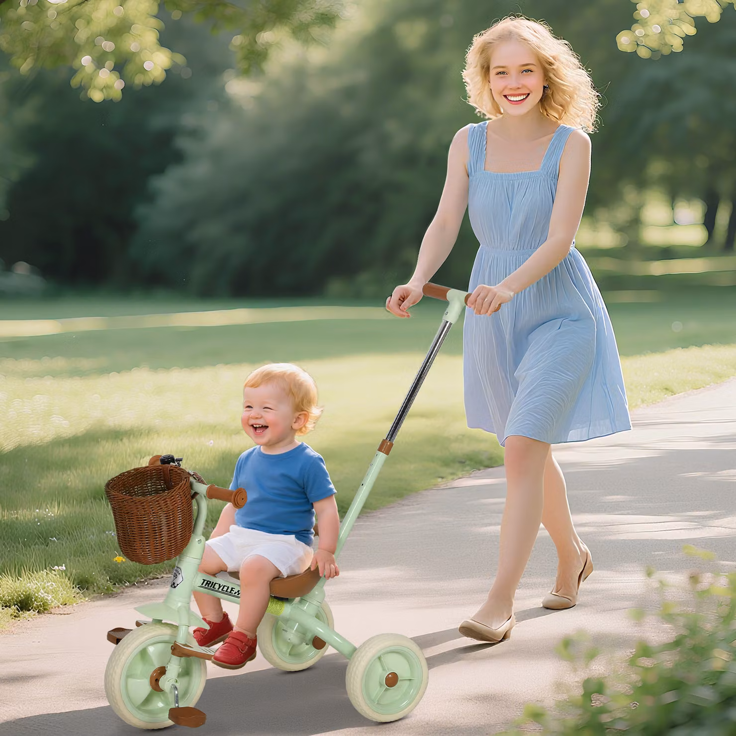 Triciclo 2 in 1 per bambini AIYAPLAY con barra per genitori, pedali antiscivolo e cesto, Verde – 2
