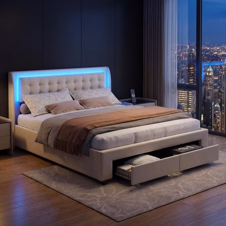 Letto imbottito INONEFT, modello boxspring, 140x190 cm, con illuminazione LED, dotato di 2 cassetti, sistema di sollevamento idraulico per lo spazio contenitivo, struttura con rete a doghe, contenitore, rivestito in velluto, colore beige