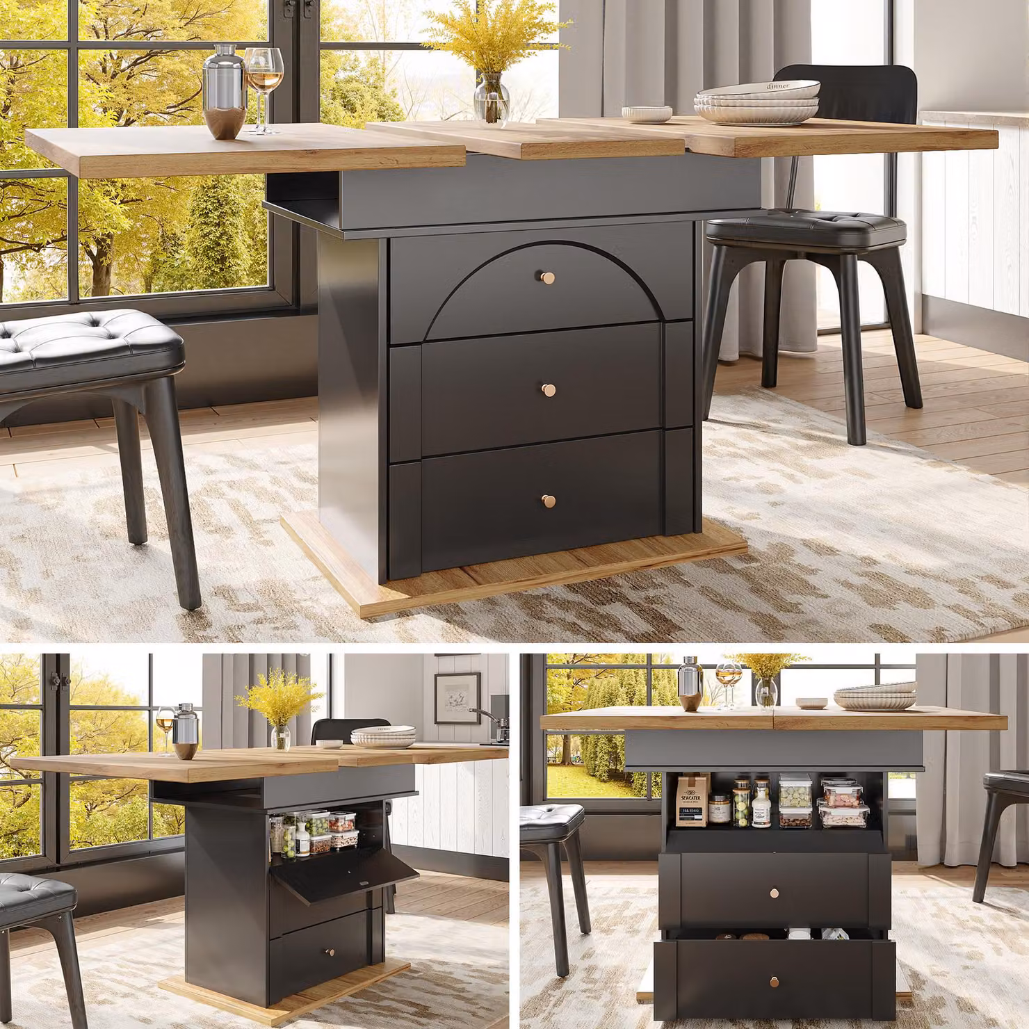 Tavolo da pranzo Sweiko telescopico (110-140×80 cm), tavolo da cucina pieghevole per 4-6 persone, tavolo da pranzo allungabile, tavolo da cucina salvaspazio, per cucina e soggiorno, design minimalista dell'anta dell'armadio, nero
