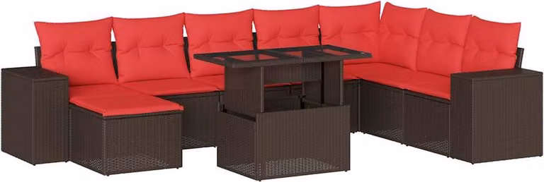 Set Divani da Giardino 9 pz con Cuscini Marrone in Polyrattan