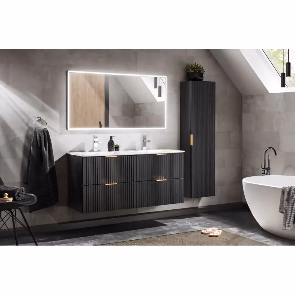 Set mobile bagno NOXERA nero con doppio lavabo incassato, colonna di stoccaggio e specchio rettangolare con illuminazione LED, L: 120 cm, P: 57 cm, H: 46 cm – 2