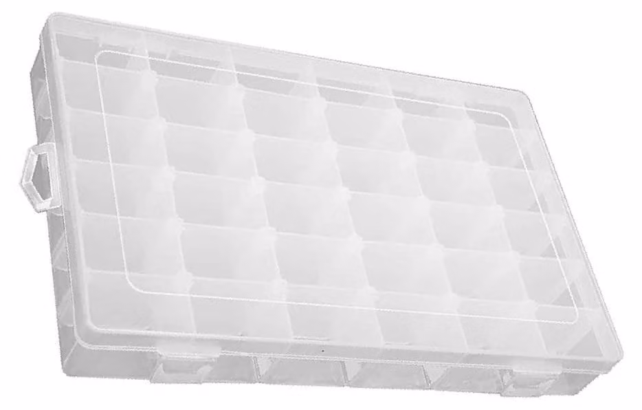 Contenitore con 36 scomparti, in plastica trasparente, ideale per gioielli e piccoli oggetti