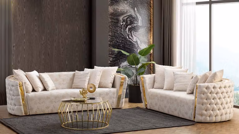 Komplette Beige Chesterfield Sitzgarnitur 3-Sitzer Polster 2-Sitzer 2tlg
