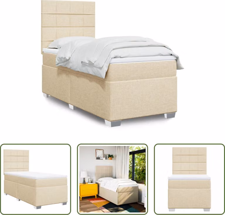 The Living Store Letto a molle con materasso crema 90x200 cm in tessuto