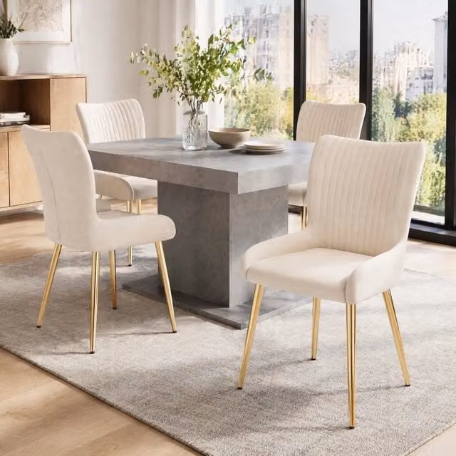 Set di 4 Sedie da Pranzo in Velluto Beige con Gambe in Metallo Dorato, Sedia con Supporto Lombare