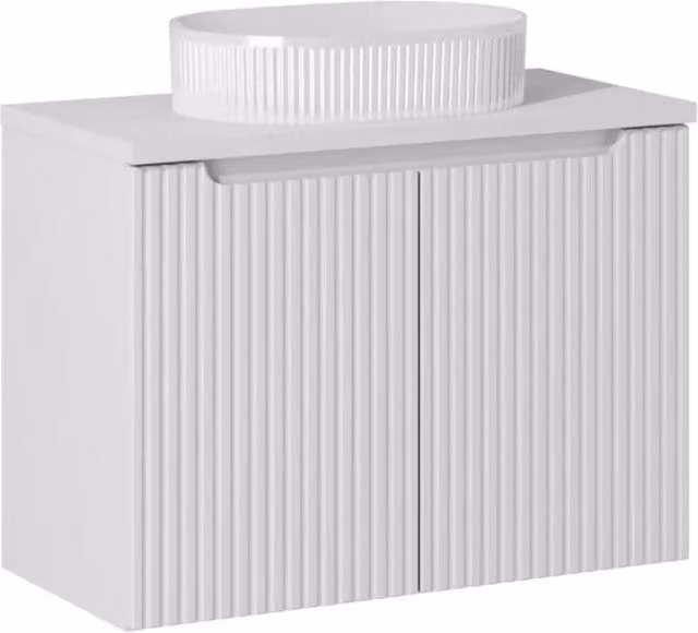 Insieme VANO bianco 80cm: mobile sotto lavabo con armadietti + piano per lavabo bianco + lavabo da appoggio scanalato bianco