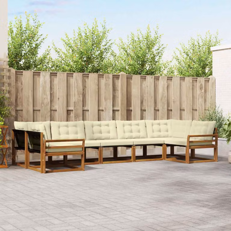 Set di divani da esterno vidaXL 7 pz in legno di acacia e textilene, colore beige e bianco, design moderno a forma di L con cuscini inclusi