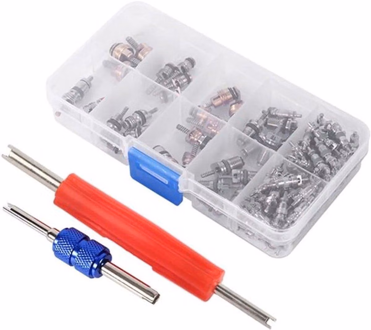 Set completo di 102 inserti per valvole di condizionatori e utensile per la rotazione delle valvole, compatibile con refrigeranti R134a/R12
