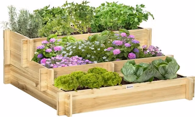 Orto rialzato Outsunny a 3 livelli in legno d'abete marrone per orto e giardino, L 93 cm x P 93 cm x H 35 cm
