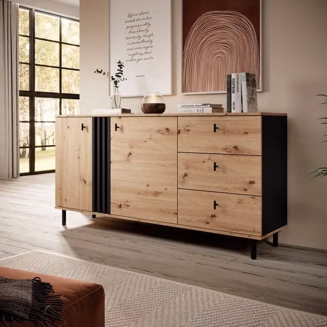 Madia Haradali DMORA con 3 cassetti, colore Marrone Rovere Nodi, L: 165 cm, P: 40 cm, H: 82 cm