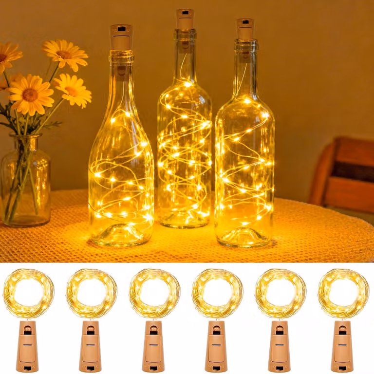 Set di 6 catene luminose a LED, lunghezza 2 metri, 20 LED, luce bianco caldo, alimentazione a batteria