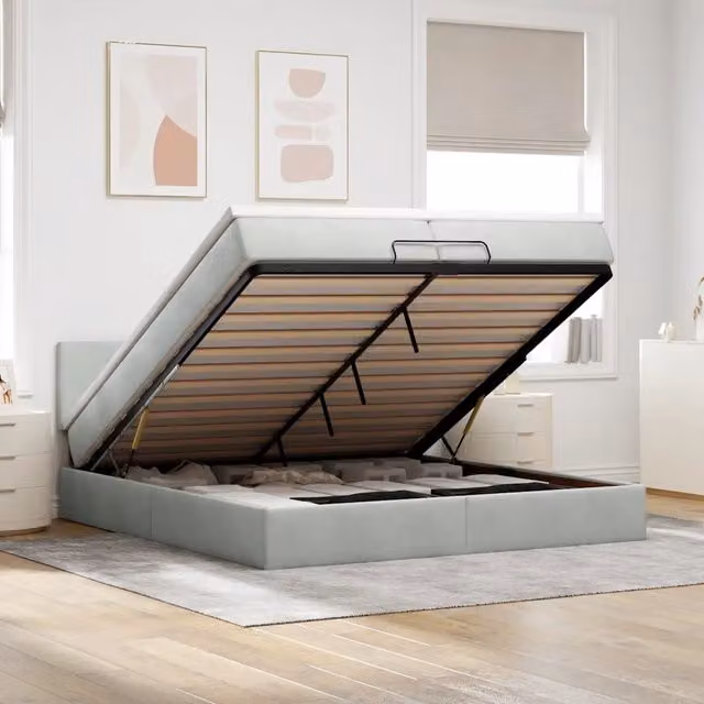 Letto con contenitore a sollevamento vidaXL in velluto grigio e bianco con illuminazione sottostante e porta USB L 200 x P 200 x H 280 cm – 1