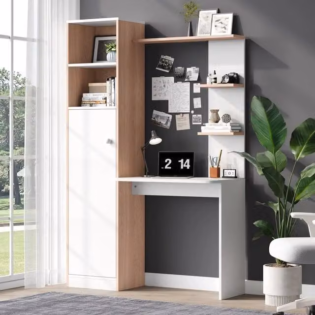Scrivania moderna WISHDOR con contenitore e scaffalature aperte, colore bianco, L: 123,5 cm, P: 45 cm, H: 168,5 cm