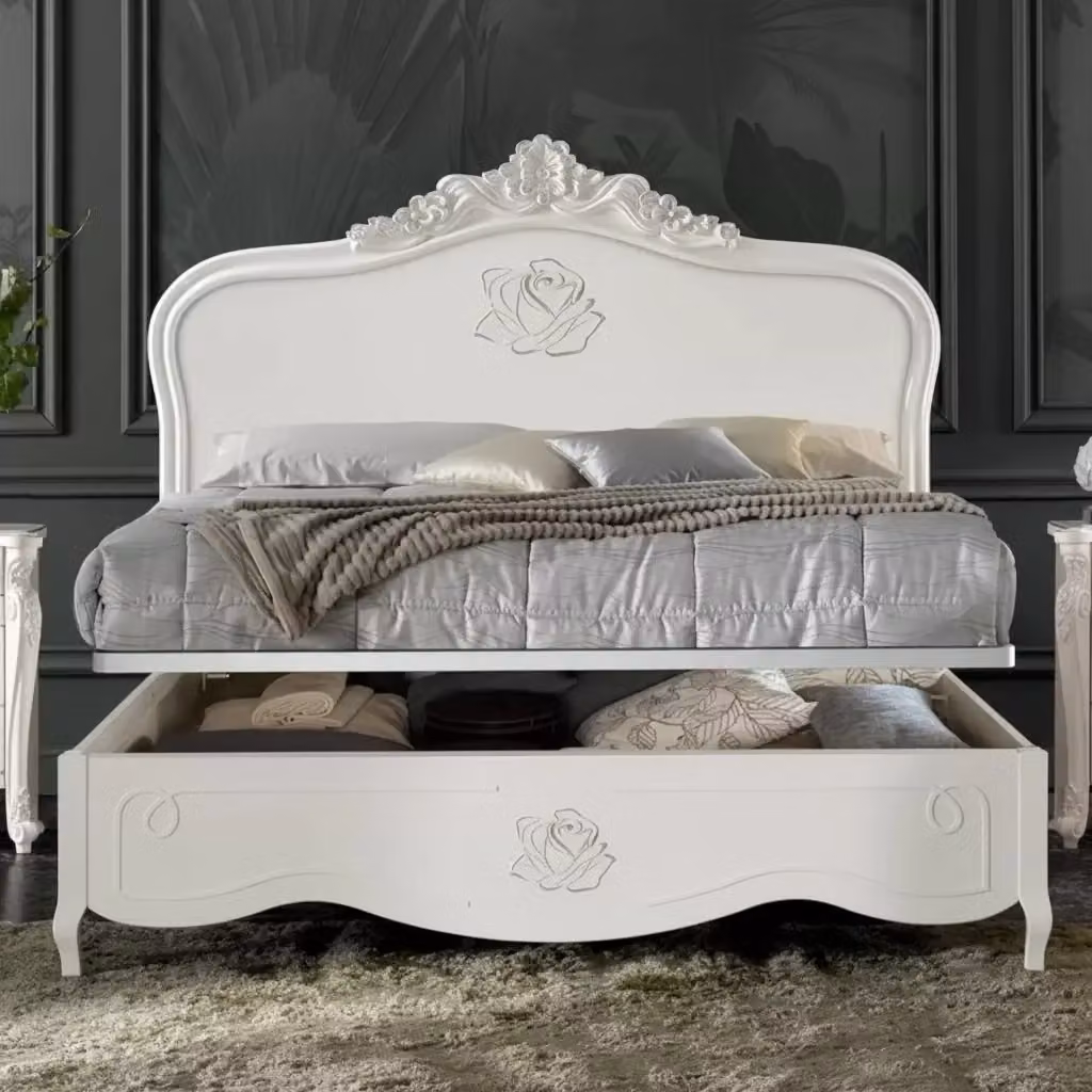 Letto matrimoniale barocco con contenitore e decoro floreale bianco Mobili 2G L: 182 cm, P: 212 cm, H: 156 cm – 2