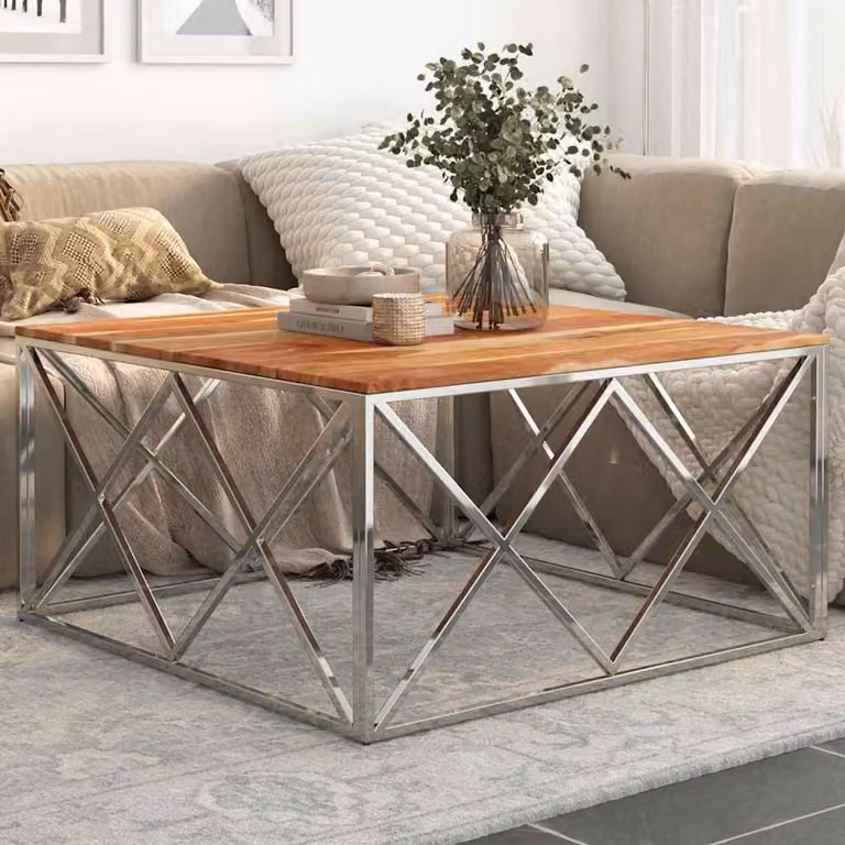 vidaXL Tavolino da Salotto Moderno in Legno di Acacia e Acciaio Inox Argento e Marrone