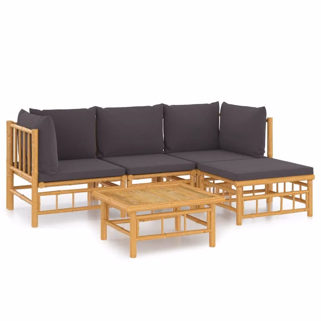 Set Salotto da Giardino 5pz con Cuscini Grigio Scuro Bambù