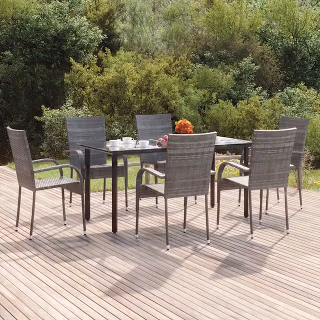 Set da pranzo da giardino moderno vidaXL in polyrattan e vetro, 7 pezzi, Grigio e Nero – 1