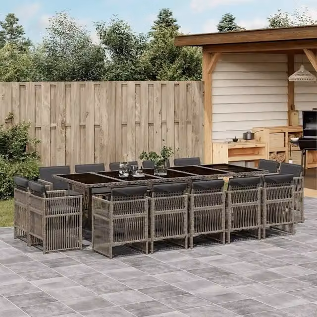 Set da pranzo da giardino vidaXL in polyrattan con cuscini e piano in vetro, 15 pezzi, grigio e nero – 1