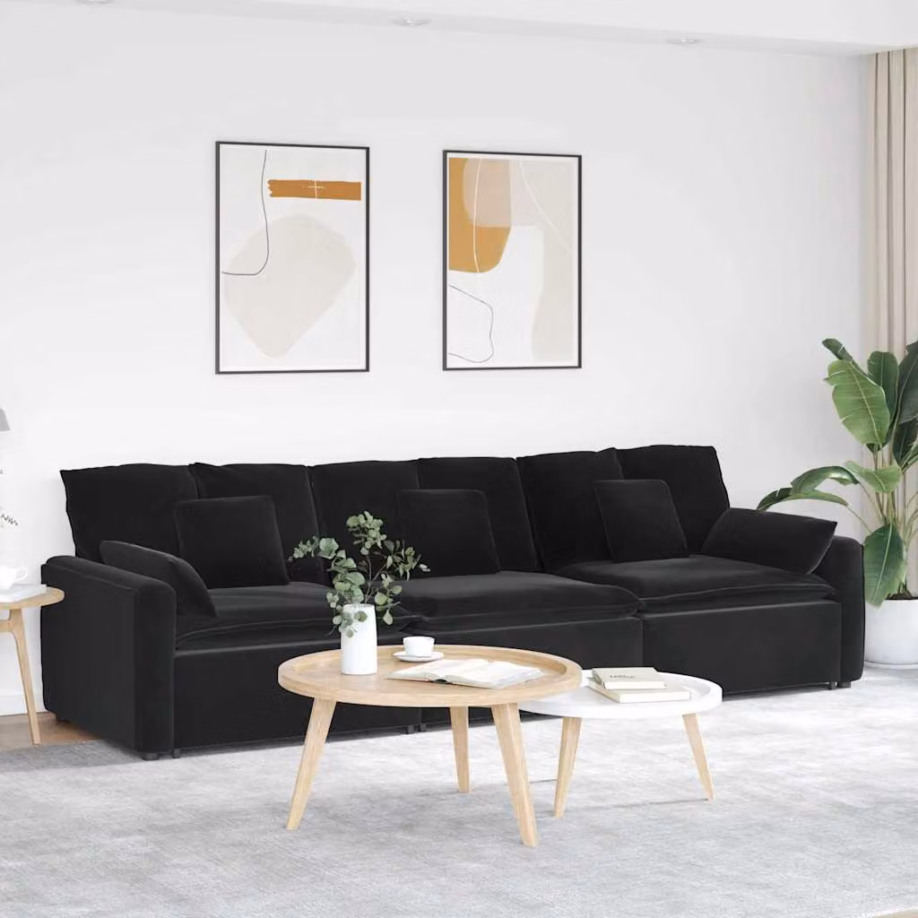 vidaXL Divano Modulare in Velluto Nero con Cuscini e Struttura in Metallo e Legno