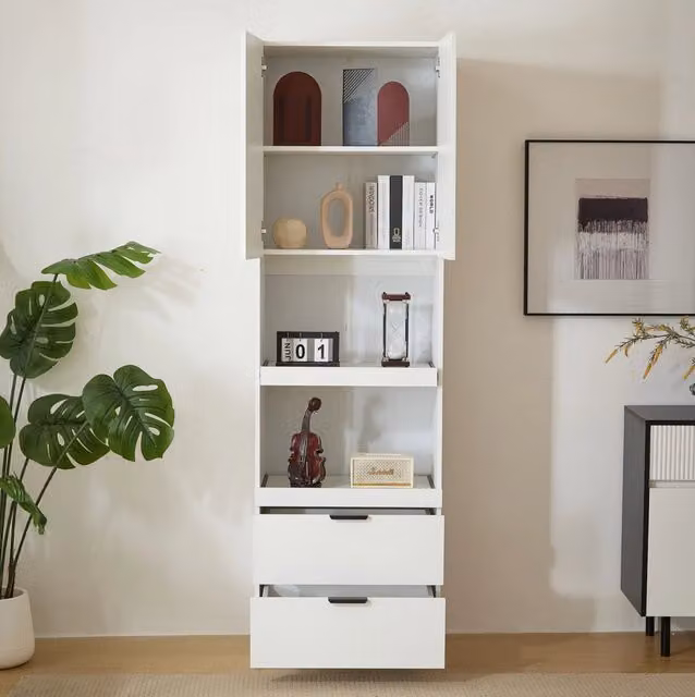 Mobile alto da cucina ULEVR 59,5x45x200 cm con anta, 2 ripiani aperti scorrevoli e 2 cassetti, bianco