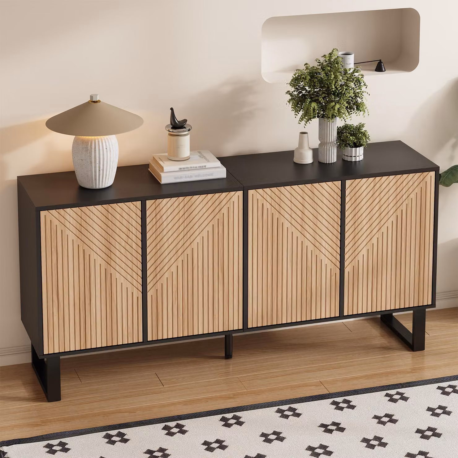 Credenza moderna Merax in look legno, cassettiera con frontale a righe 3D dal design minimalista, mobile da soggiorno con ampio spazio di archiviazione, nero
