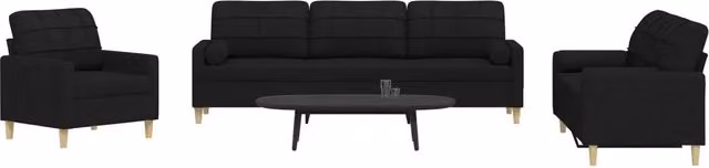 Set di divani 3 pezzi vidaXL in tessuto nero con cuscini decorativi e struttura in metallo per soggiorno – 2