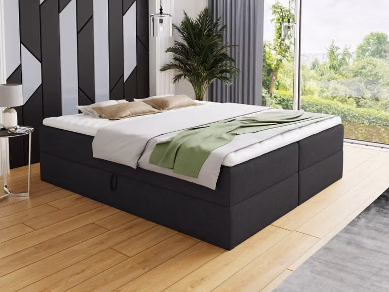 Letto boxspring Base con 2 cassetti - Letto matrimoniale con materasso Bonell e topper, letto imbottito, letto indipendente (nero (Inari 100), 160 x 200 cm)