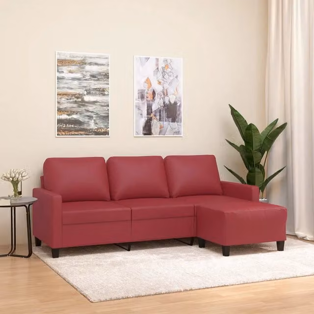 Divano a 3 Posti con Poggiapiedi-Sofa 3 Posti con Poggiapiedi Rosso Vino 180cm in Similpelle 629903