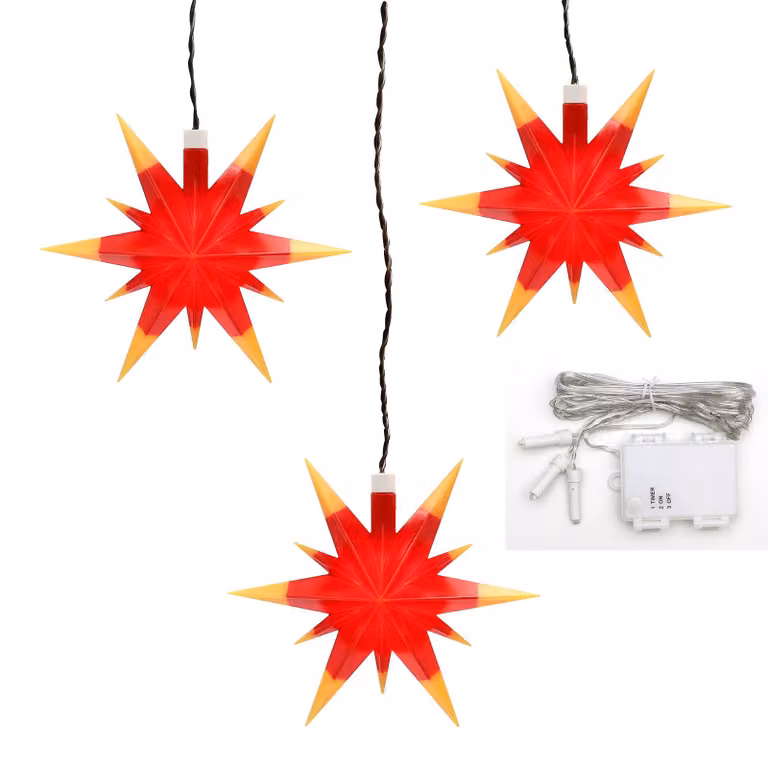 Set di 3 stelle natalizie in plastica, rosse e gialle, con luci LED e timer, diametro 12 cm