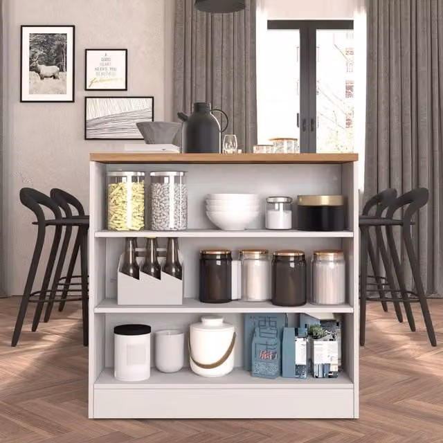Scaffale mobile Sole WHOUS con 3 ripiani, bianco lucido e rovere, L 90 cm x H 90 cm x P 25 cm