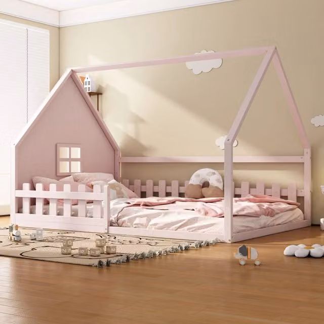 Letto a casetta Mivray per cameretta dei bambini in legno di pino e MDF rosa L/P: 140 x 200 cm