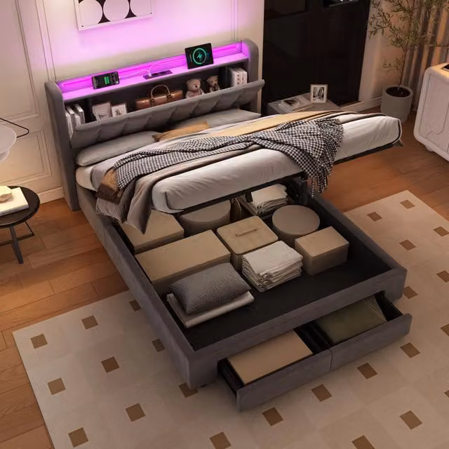 Letto matrimoniale imbottito 140x200 cm in velluto con LED, cassetti contenitore e porte USB